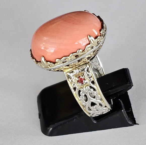 Vintage Michael Valitutti Coral & Ruby Accent Ring in Sterling & 18k Size 7.5! - Picture 7 of 10